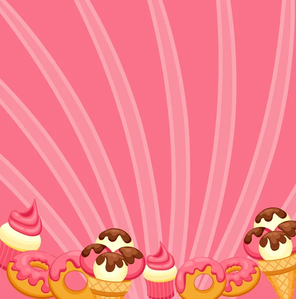 Achtergrond vanille ijs, aardbeien Cupcake en donut met roze glazuur. Vector illustratie eps 10 voor uw ontwerp. — Stockvector