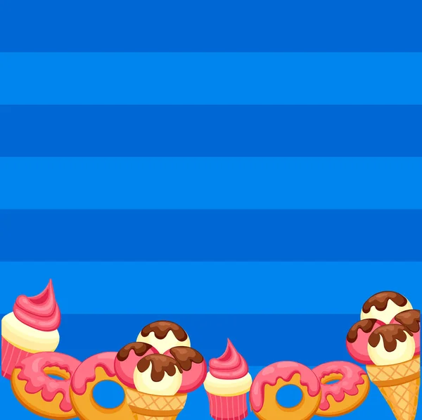 Fondo helado de vainilla, magdalena de fresa y donut con esmalte rosa. Ilustración vectorial eps 10 para su diseño . — Archivo Imágenes Vectoriales