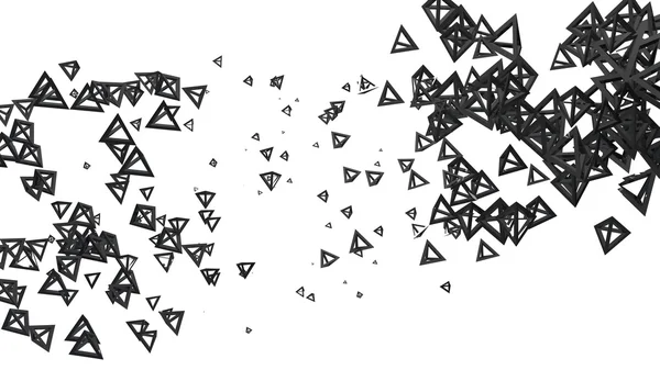 Глянцевий пірамідальний каркас у випадковому порядку висить у повітрі на білому тлі. Абстрактна ілюстрація пірамідами. Хмара чорних блискучих пірамід . — стокове фото
