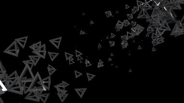Siyah bir arka plan üzerinde havada asılı rasgele sırada parlak piramit çerçeve. Soyut illüstrasyon piramitleri ile. Siyah parlak piramitler bulutu.