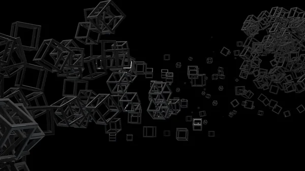 Glanzende kubieke frame in willekeurige volgorde opknoping in de lucht op een zwarte achtergrond. Abstracte afbeelding met ijsblokjes. Een wolk van glanzend zwarte doos. — Stockfoto
