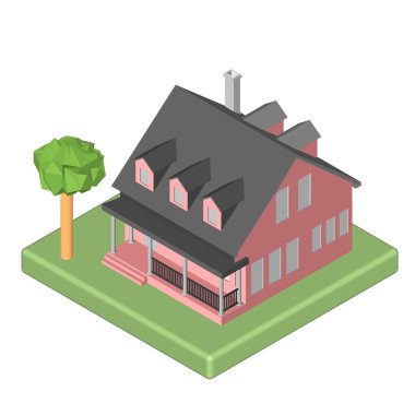 Isometric 3D icon. Pictograms house with a mailbox and trees. Vector illustration eps 10