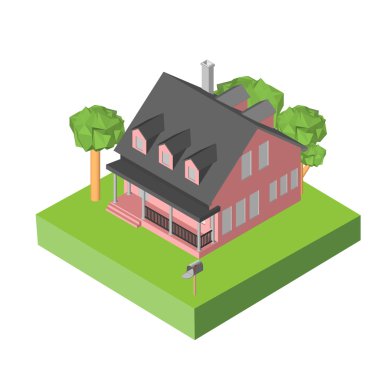 Isometric 3D icon. Pictograms house with a mailbox and trees. Vector illustration eps 10