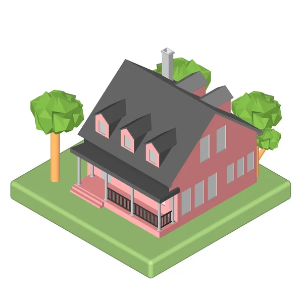 Isometric 3D icon. Pictogram rumah dengan kotak surat dan pohon. Vektor gambar eps 10 - Stok Vektor