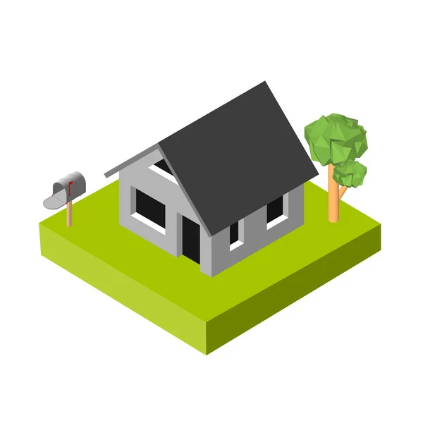 Isometric 3D icon. Pictogram rumah dengan kotak surat dan pohon. Vektor gambar eps 10 - Stok Vektor