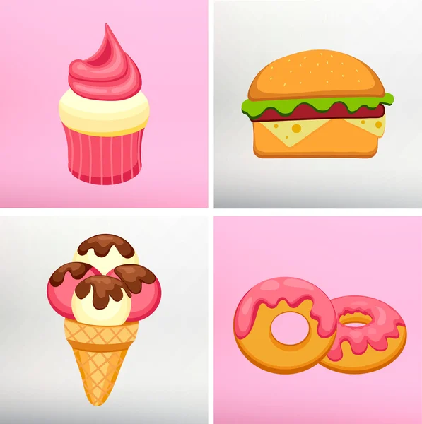 Set Donut-Symbol mit rosa Glasur, Erdbeer-Muffin, Hamburger und Eis. Vektor-Abbildung Folge 10 — Stockvektor