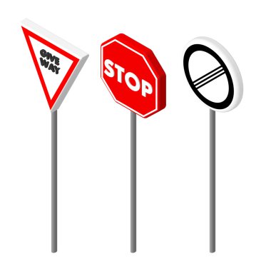 Isometric icons various road sign. European and american style design. Vector illustration eps 10.