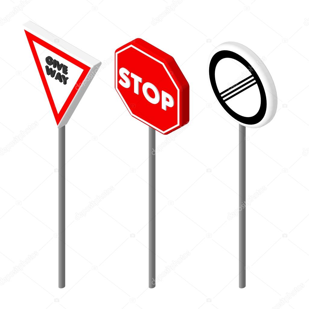 Isometric icons various road sign. European and american style design. Vector illustration eps 10.