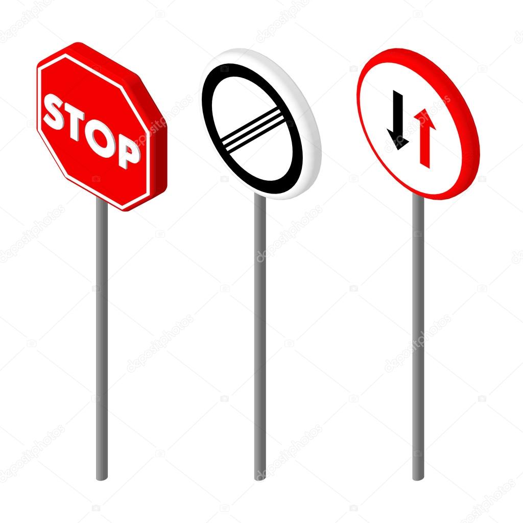 Isometric icons various road sign. European and american style design. Vector illustration eps 10.