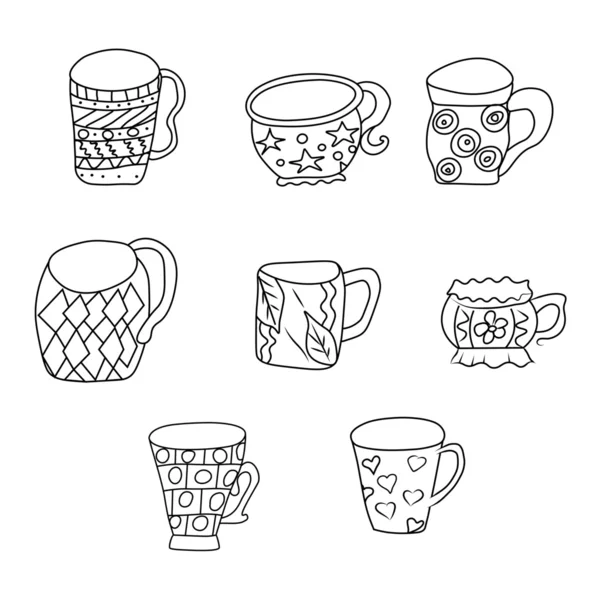 Set with cups and mugs. Hand drawn zentangle. Vector illustration eps 10 for your design. Black and white background. — Διανυσματικό Αρχείο