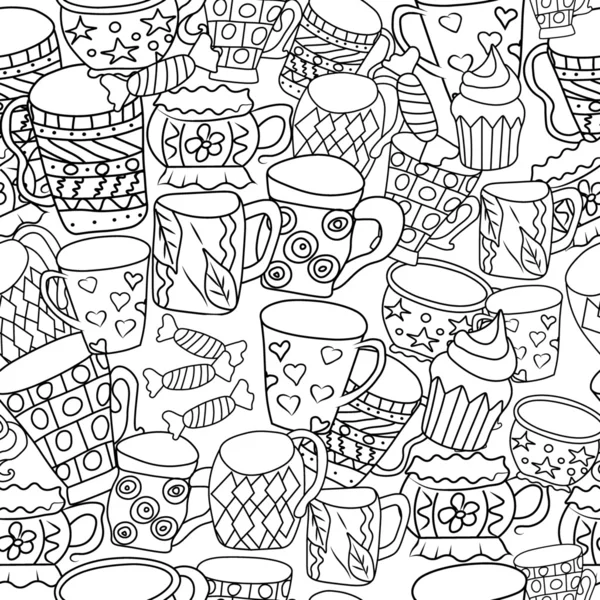 Pattern with cups and mugs. Hand drawn zentangle. Vector illustration eps 10 for your design. Black and white background. — Stok Vektör