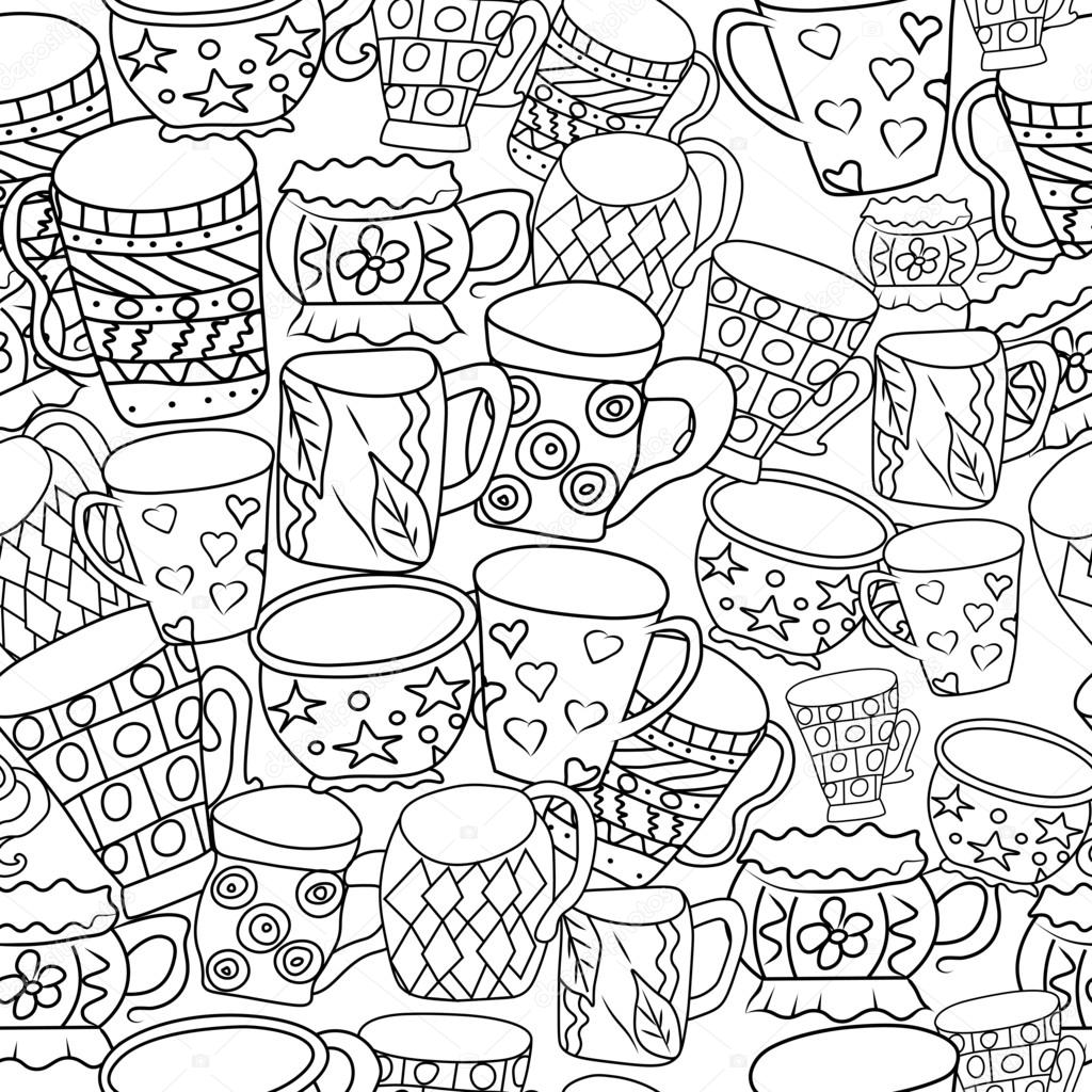 Pattern with cups and mugs. Hand drawn zentangle. Vector illustration eps 10 for your design. Black and white background.