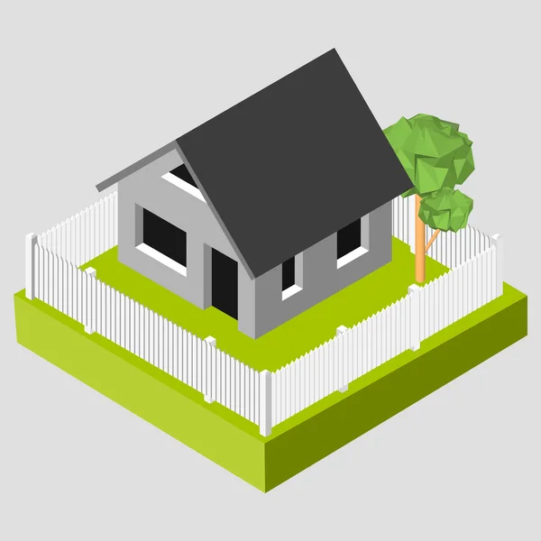 Isometric 3D icon. Pictogram rumah dengan pagar putih dan pohon. Vektor gambar eps 10 - Stok Vektor