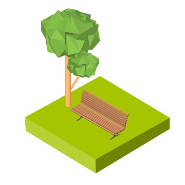 İzometrik 3d simgesi. Ot ve ağaç sembollerin bankta. Vektör çizim eps 10