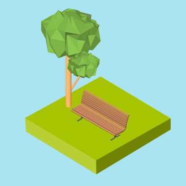 İzometrik 3d simgesi. Ot ve ağaç sembollerin bankta. Vektör çizim eps 10