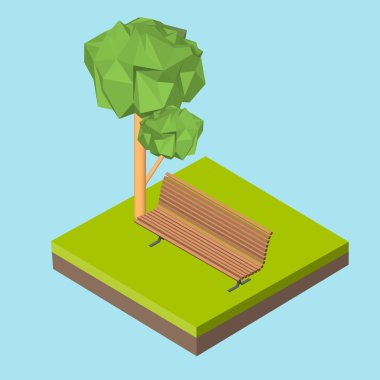 İzometrik 3d simgesi. Ot ve ağaç sembollerin bankta. Vektör çizim eps 10