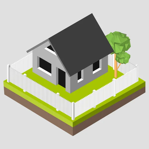 Isometric 3D icon. Pictogram rumah dengan pagar putih dan pohon. Vektor gambar eps 10 - Stok Vektor