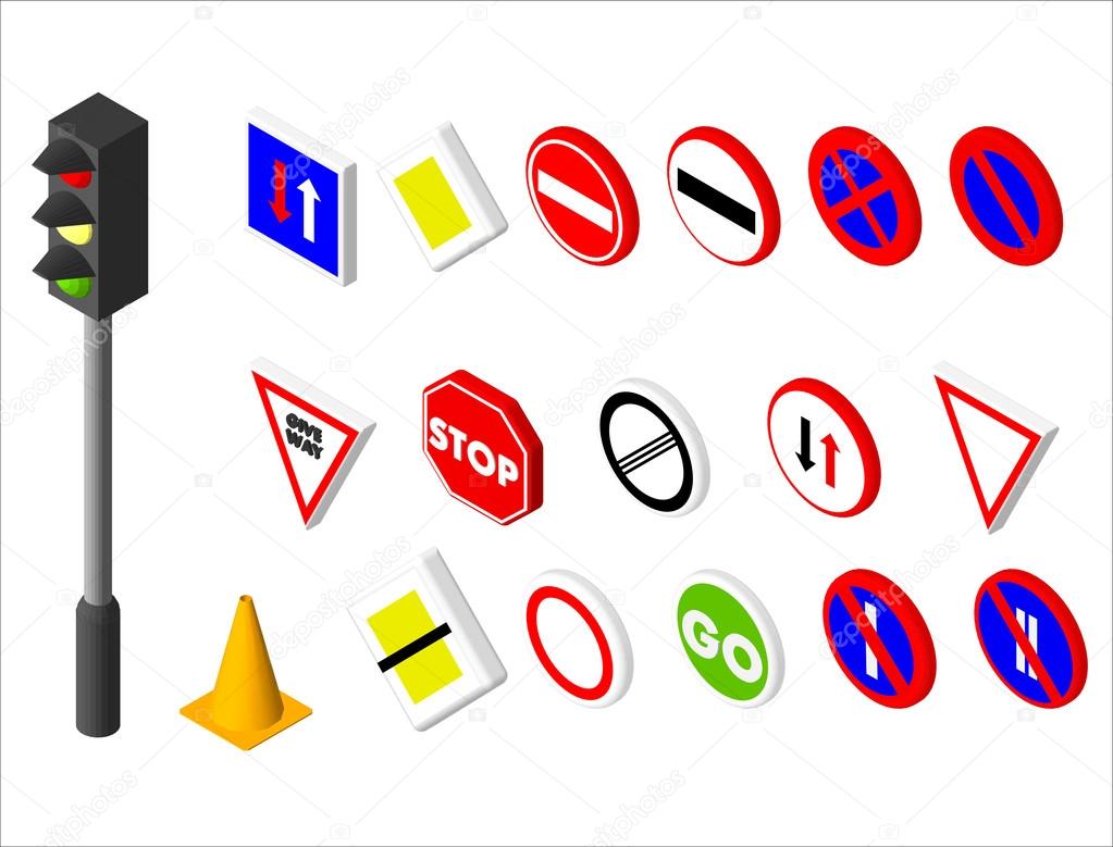 Isometric icons various road sign and traffic light. European and american style design. Vector illustration eps 10.