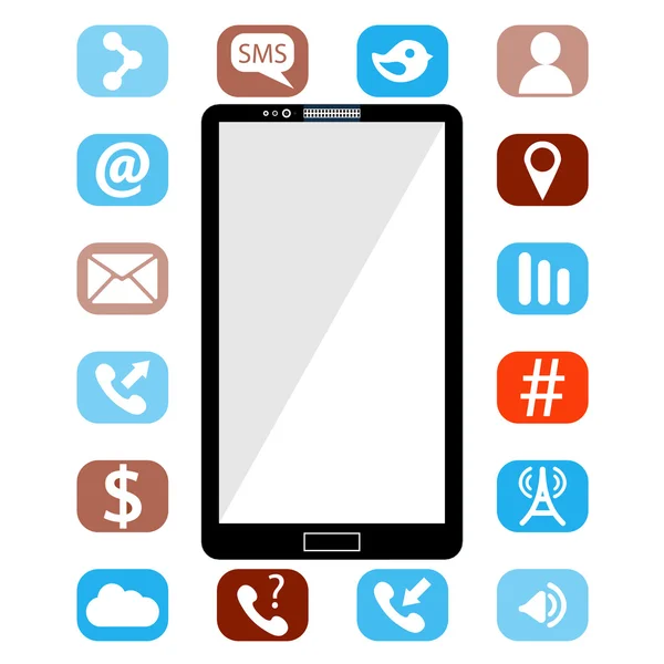 Ilustracja wektorowa płaski nowoczesny telefon komórkowy z różnych ikon — Wektor stockowy