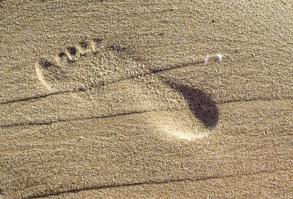 Отпечаток босиком ноги ребенка в песке — стоковое фото