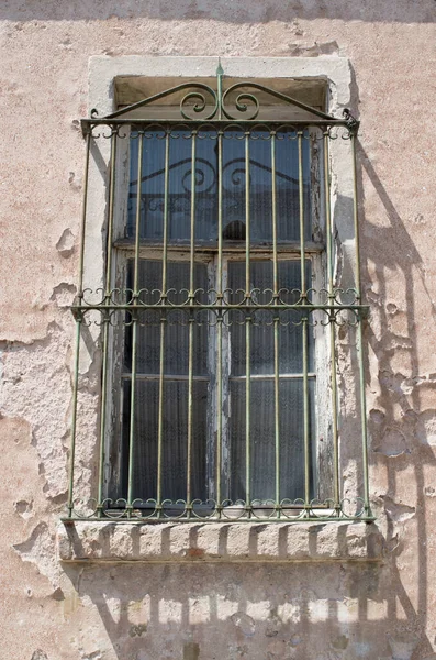 Old Wooden White Window Decorative Green Metal Grill — Stock Photo, Image