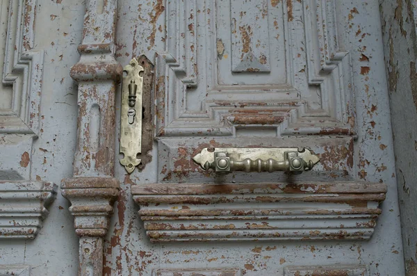 Pièces Une Vieille Porte Bois Poignées Serrure Laiton Close — Photo