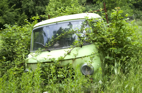 Oude verlaten overwoekerd auto — Stockfoto