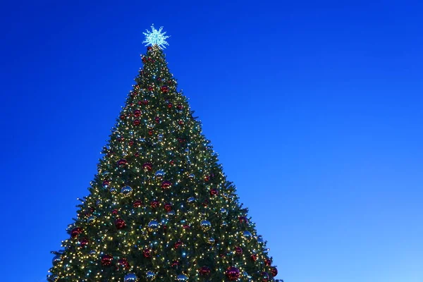 Christmas tree with garlands of glowing and decorations, blue sky — Stockfoto