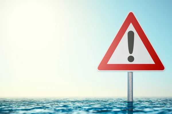 Vorsicht Überschwemmung - Warnschild steht im Hochwasser - computergeneriertes Bild — Stockfoto