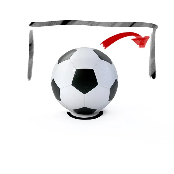 3D-balón de fútbol en frente de una meta dibujada — Foto de Stock