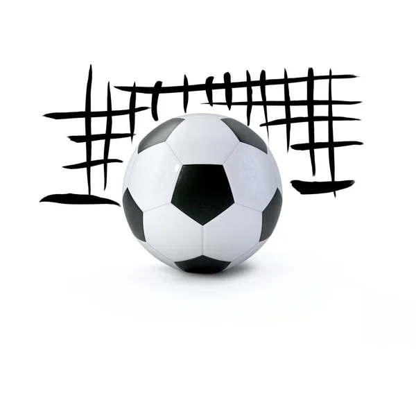 3D-balón de fútbol en frente de una meta dibujada — Foto de Stock