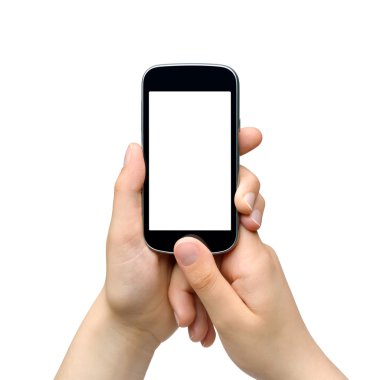 Smartphone - beyaz arka plan üzerinde izole tutan genç kadın