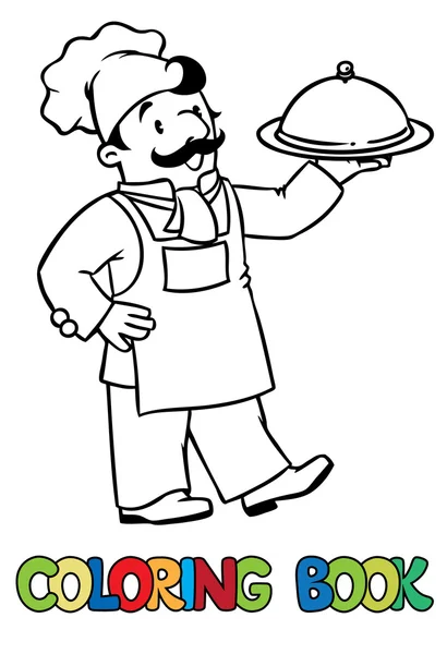 Cocinero divertido o chef con bandeja. Libro para colorear — Archivo Imágenes Vectoriales