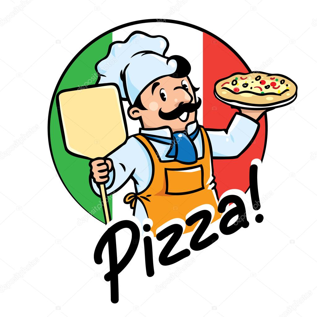 Emblem of funny cook or chef  or baker with pizza on background colors of the Italian flag. Children vector illustration.