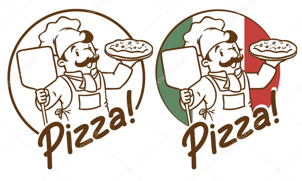 Emblem of funny cook or chef  or baker with pizza on background colors of the Italian flag. Two monochrome version. Children vector illustration.