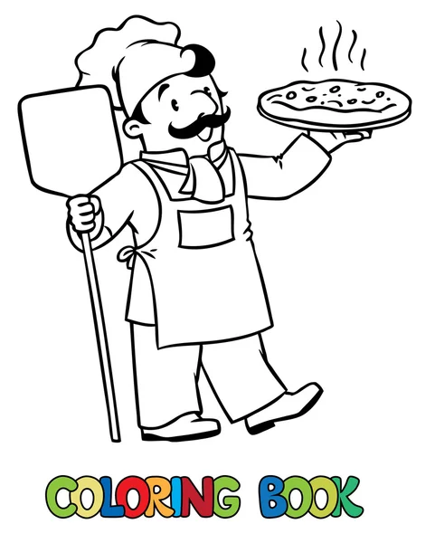 Libro para colorear de cocinero divertido o chef con pizza — Archivo Imágenes Vectoriales
