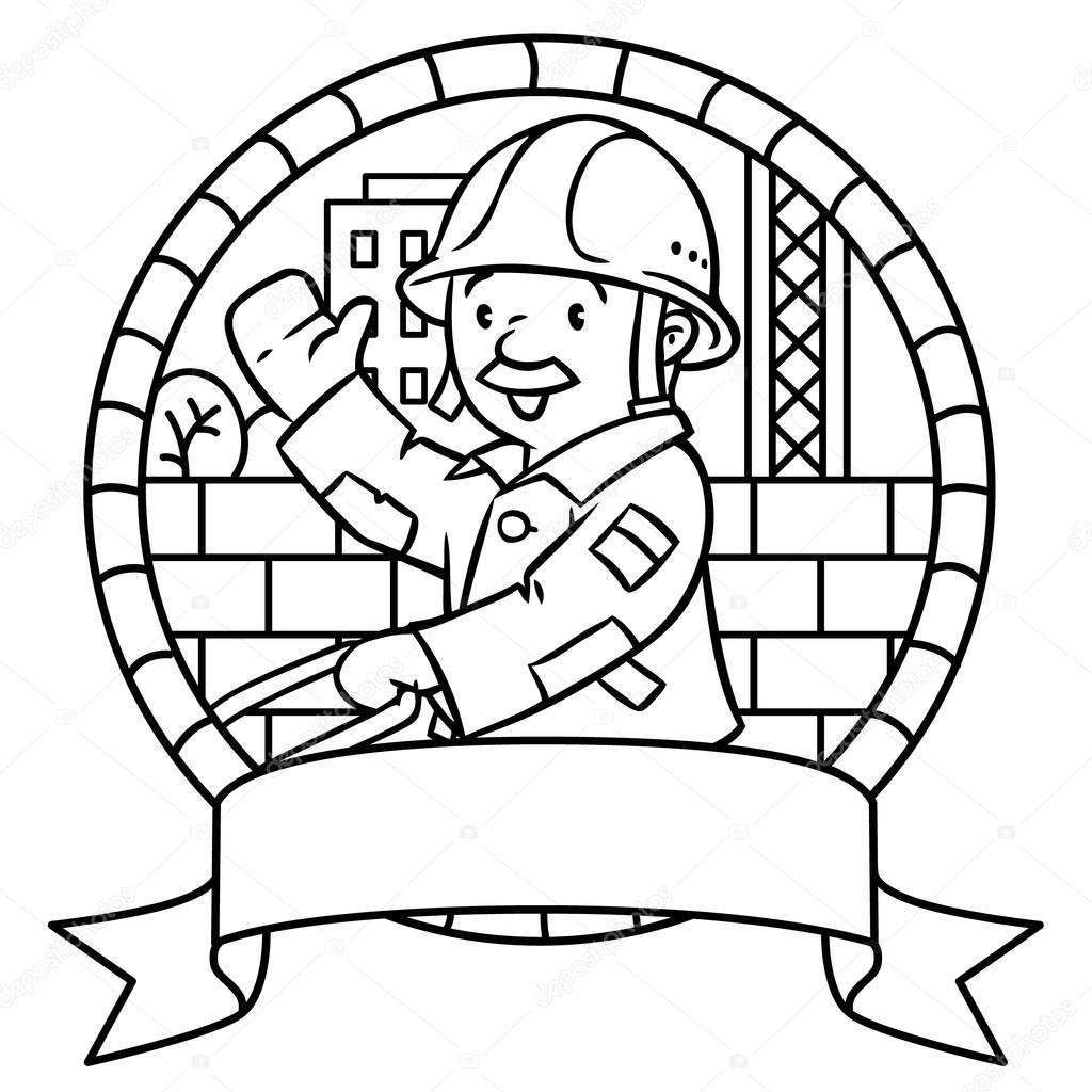 Coloring book or emblem of funny worker with cart