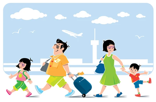 Забавная семья в аэропорту отправляется в отпуск . — стоковый вектор