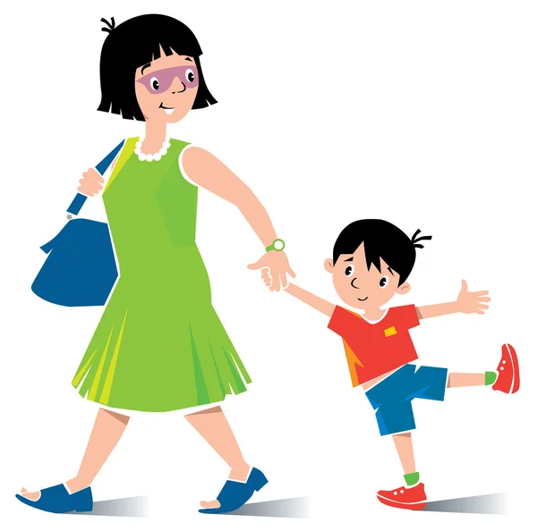 Madre e hijo en el paseo — Vector de stock