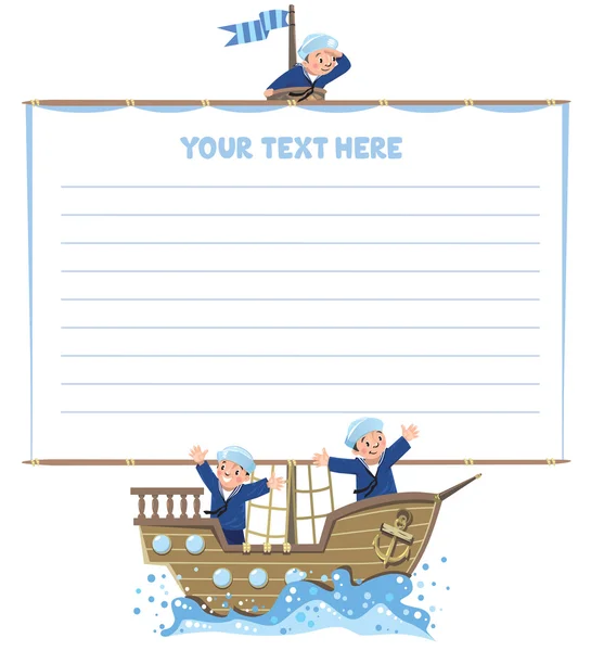 Bannière ou carte avec des marins heureux sur un voilier — Image vectorielle