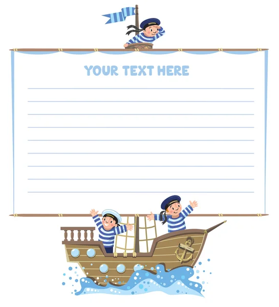 Başlık sayfası veya bir yelkenli üzerinde mutlu denizciler kartıyla