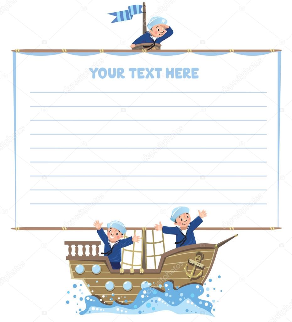 Banner or card with happy sailors on a sailboat