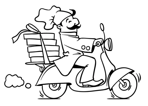 Chef de pizza engraçado em scooter. Emblema de entrega de pizza —  Vetores de Stock