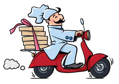 Komik pizza chef scooter üzerinde. Pizza teslim