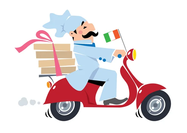 Funny pizza chef on scooter. Pizza delivery — Stock Vector