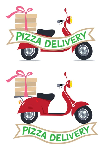 Divertente scooter rosso con logo. Consegna pizza — Vettoriale Stock