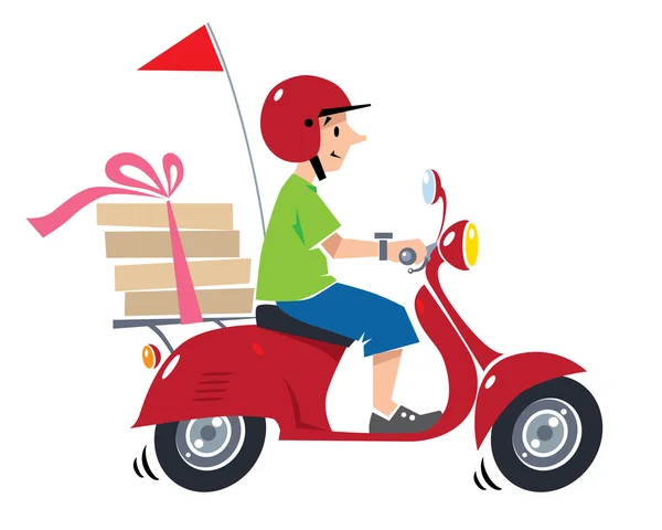 Divertido mensajero de pizza en scooter. Entrega de pizza — Vector de stock