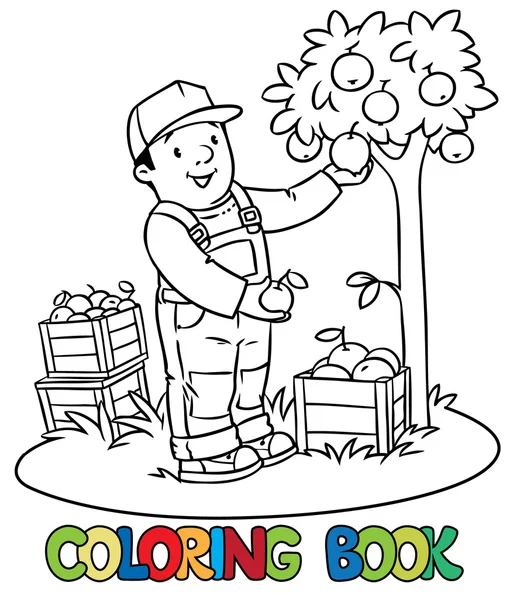 Funy agricultor o jardinero con manzanas. Libro para colorear — Vector de stock