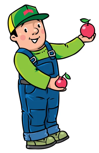 Funy agricultor o jardinero con manzanas — Vector de stock