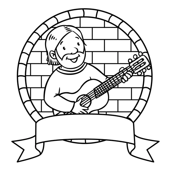 Rolig musiker och gitarrist. Målarbok. Emblem — Stock vektor